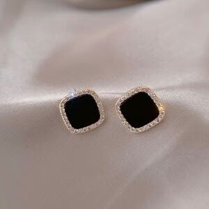 Black and Rhinestone Cushion Cut Gold Stud Earrings, New In Package